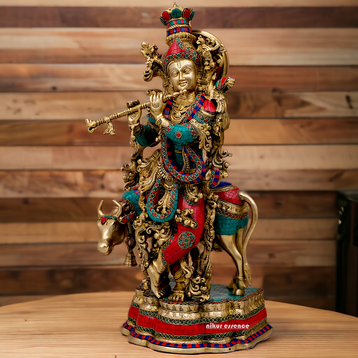 Buy Online Krishna Flute with Cow Idol Stone work - 26 inches Nikuressence