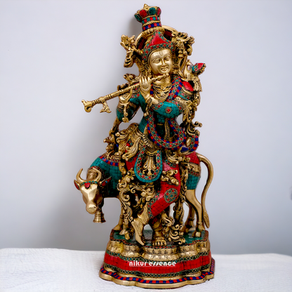 Buy Online Krishna Flute with Cow Idol Stone work - 26 inches Nikuressence