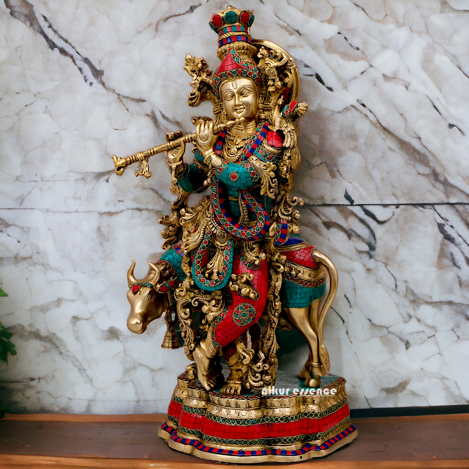 Buy Online Krishna Flute with Cow Idol Stone work - 26 inches Nikuressence