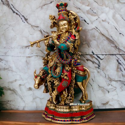 Buy Online Krishna Flute with Cow Idol Stone work - 26 inches Nikuressence