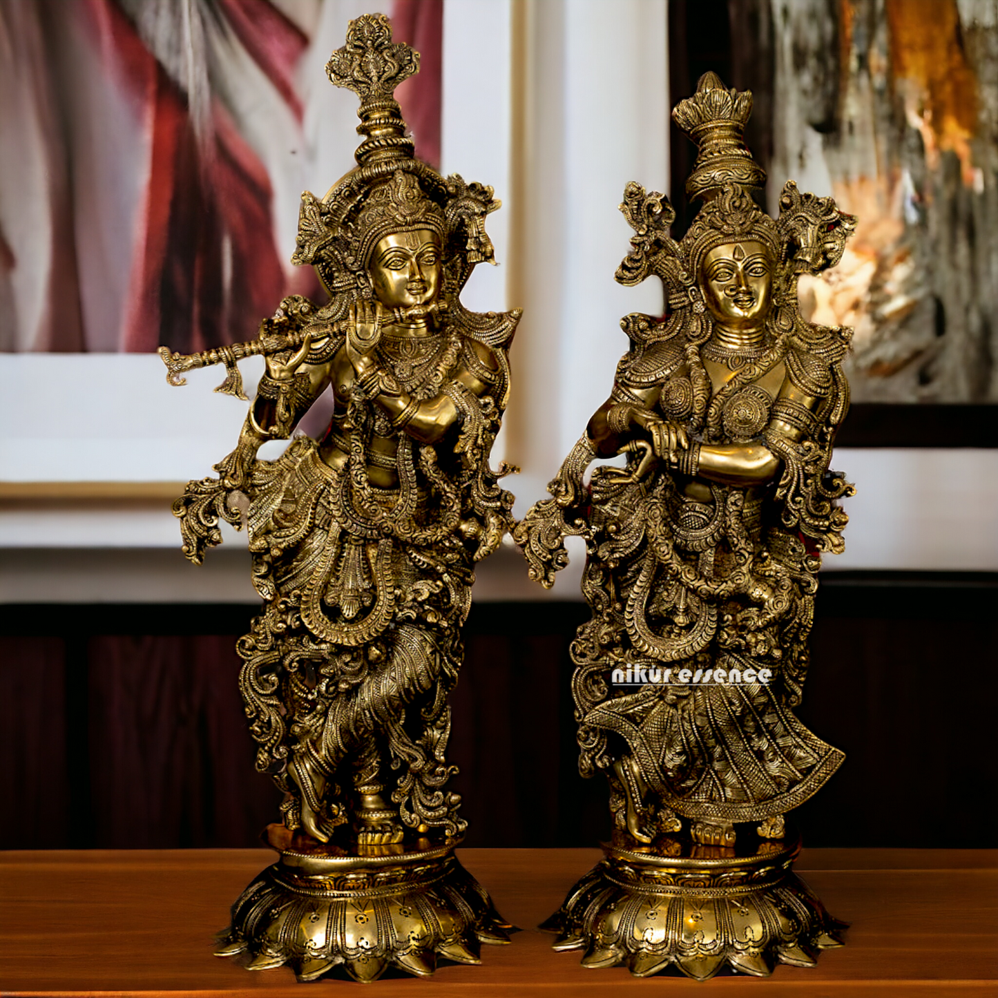 Large Solid Brass Radha Krishna murli with playing Flute- 27 Inch Nikuressence