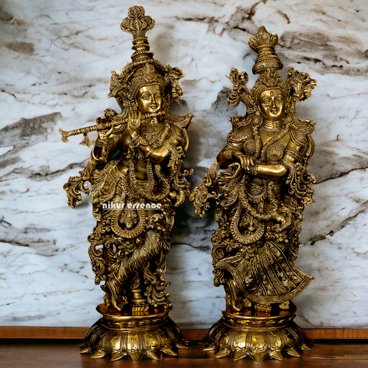 Large Solid Brass Radha Krishna murli with playing Flute- 27 Inch Nikuressence