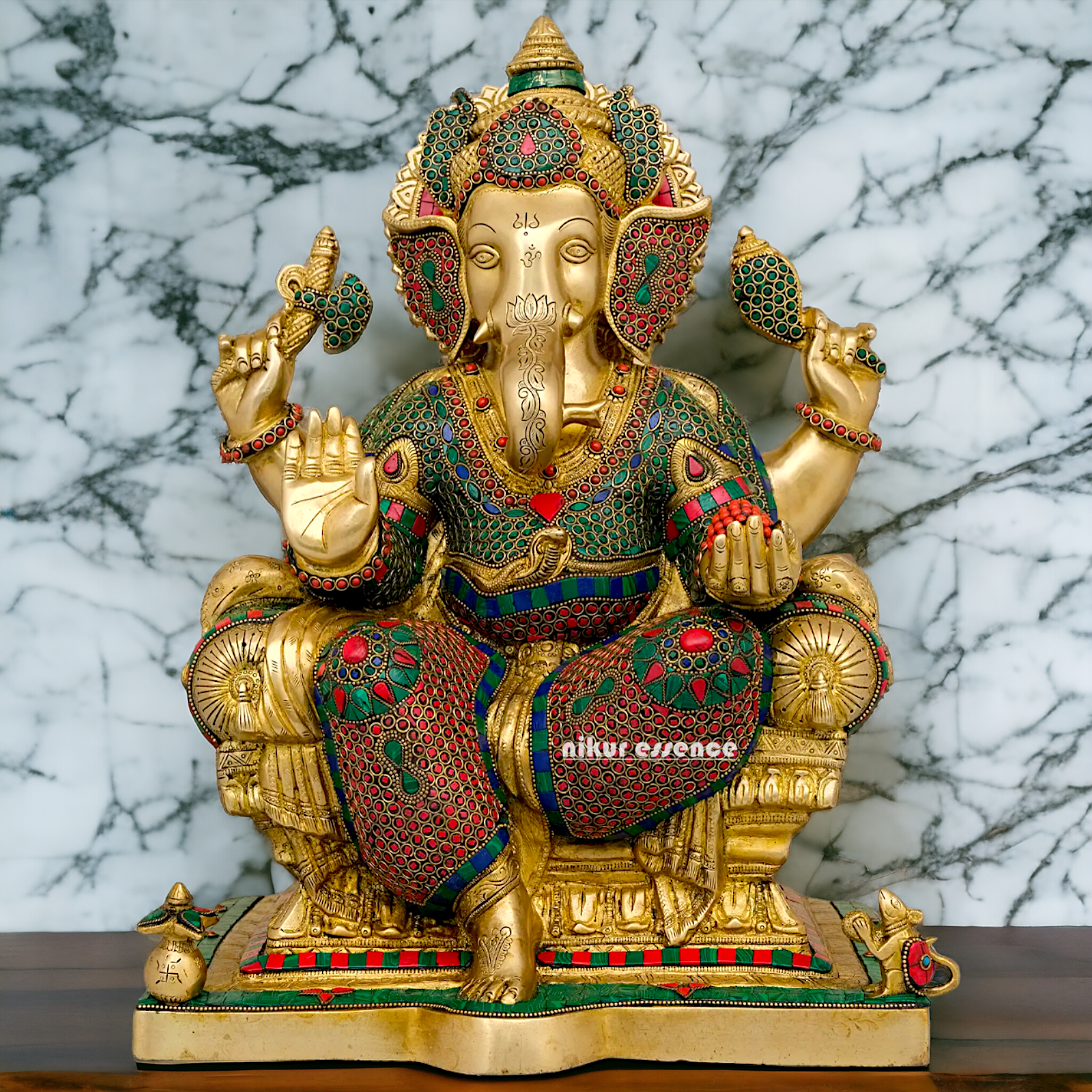 Buy Online Ganesh Sitting on Singhasan Idol with Stone Work - 45.5 cm Nikuressence
