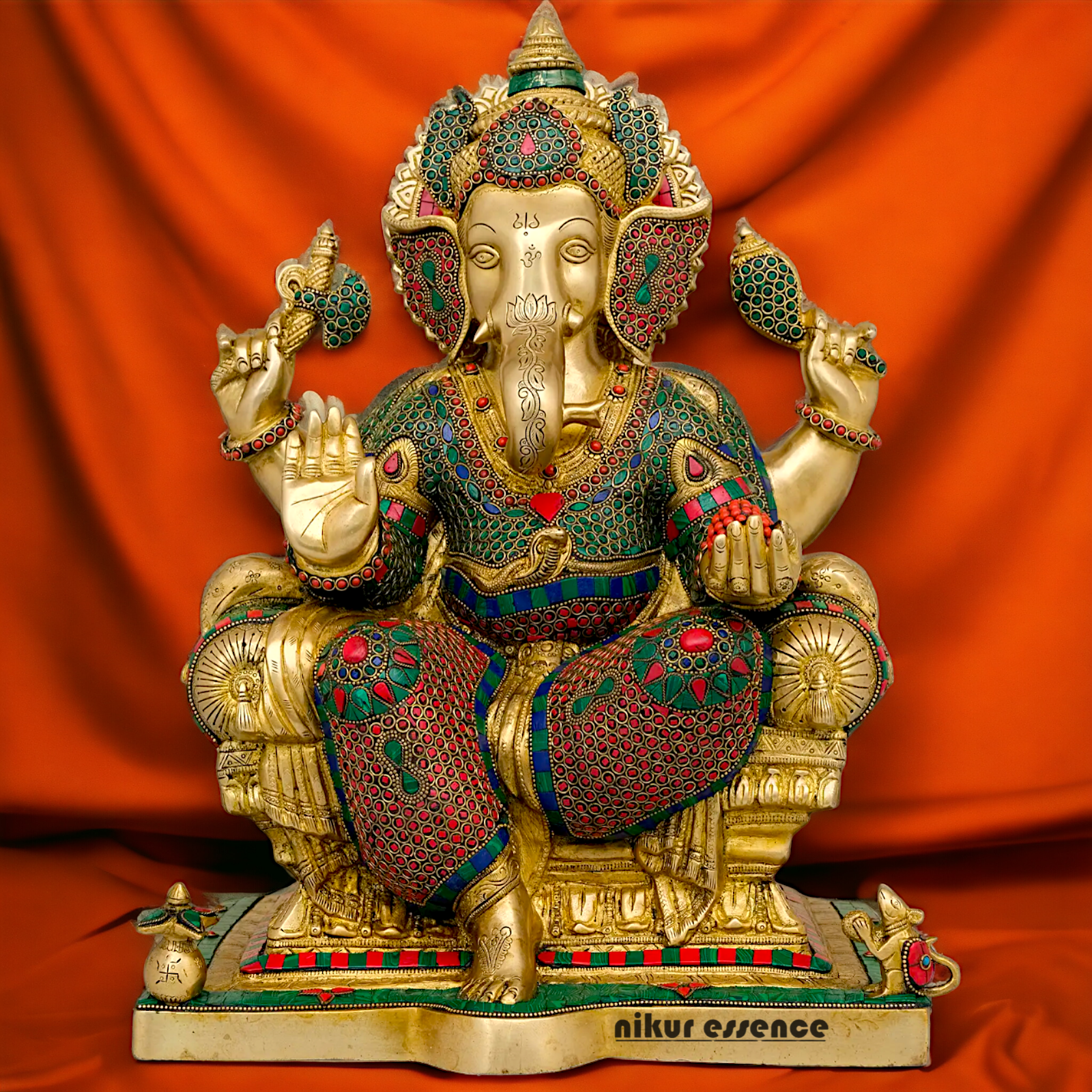Buy Online Ganesh Sitting on Singhasan Idol with Stone Work - 45.5 cm Nikuressence
