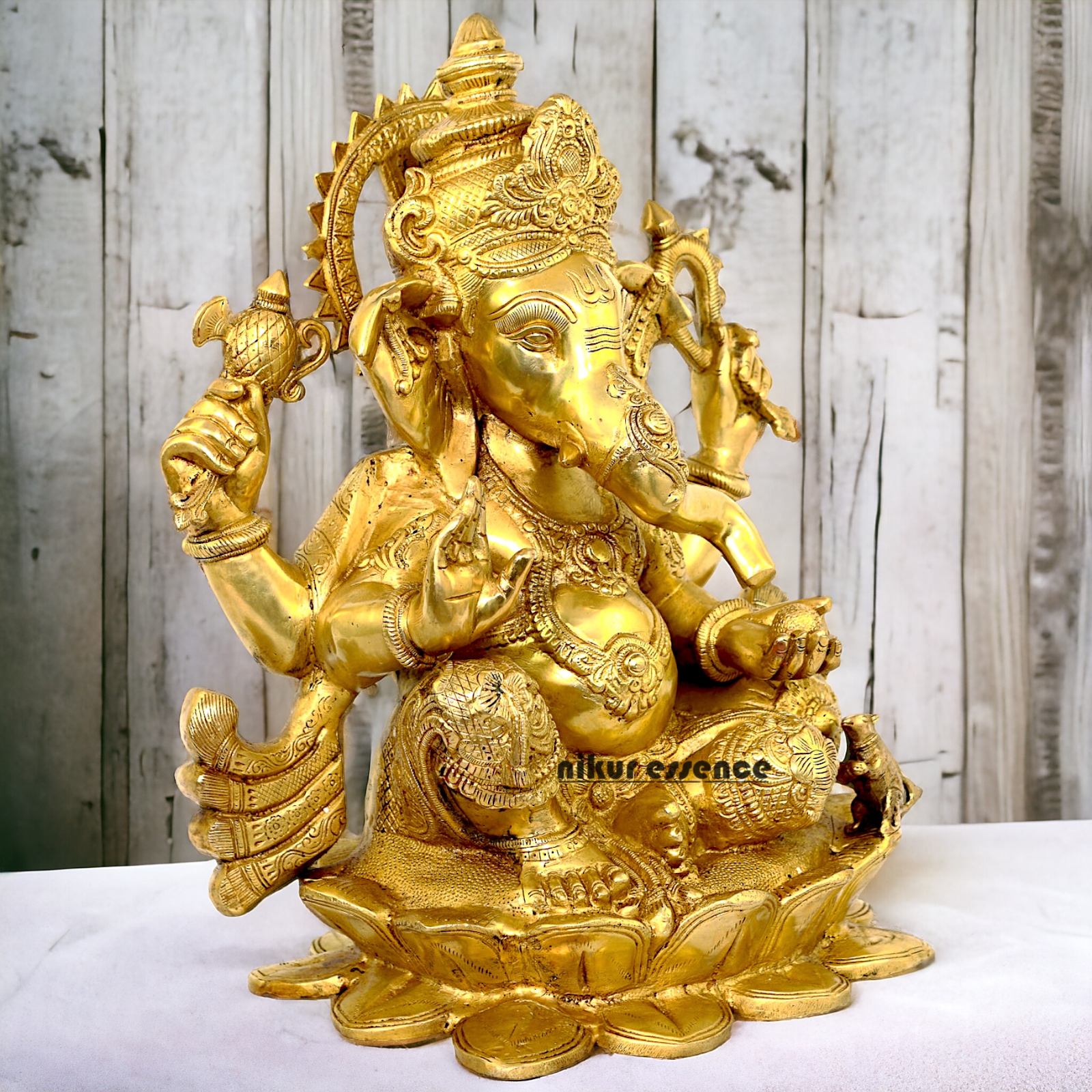 Solid Brass Ganesh Ganpati Sitting on lotus Idol - 21 inch Nikuressence