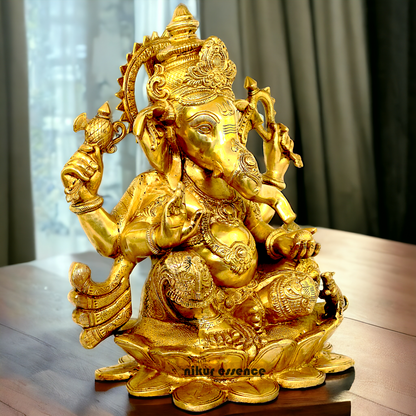 Solid Brass Ganesh Ganpati Sitting on lotus Idol - 21 inch Nikuressence