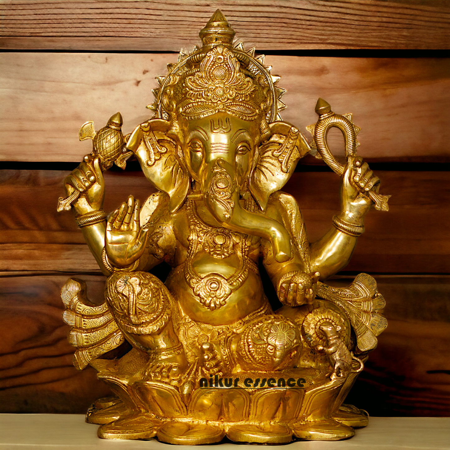 Solid Brass Ganesh Ganpati Sitting on lotus Idol - 21 inch Nikuressence