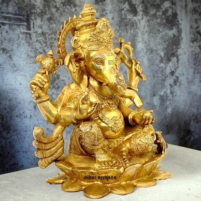 Solid Brass Ganesh Ganpati Sitting on lotus Idol - 21 inch Nikuressence