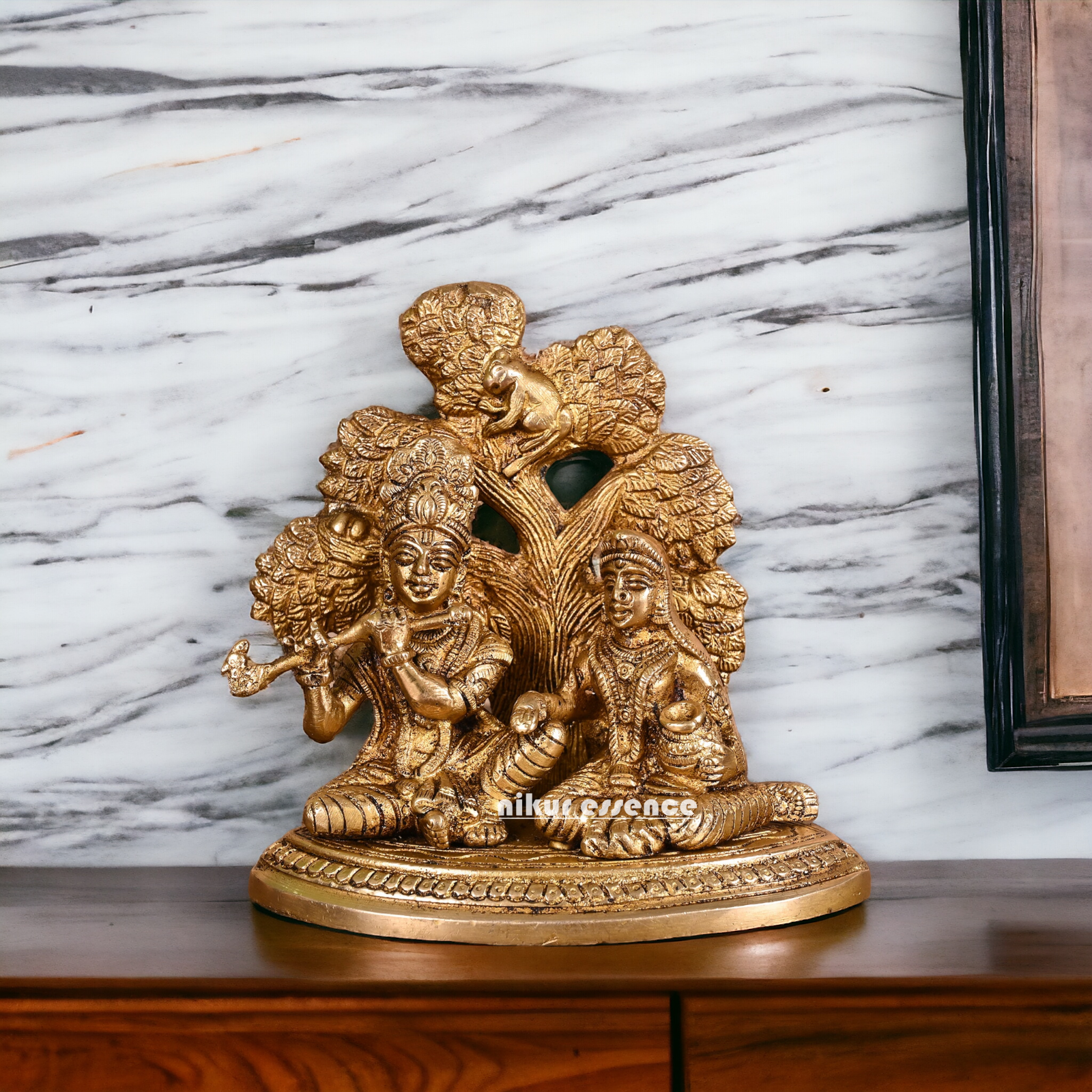 Solid Brass Radha Krishna Sitting with Tree idol - 14 cm Nikuressence