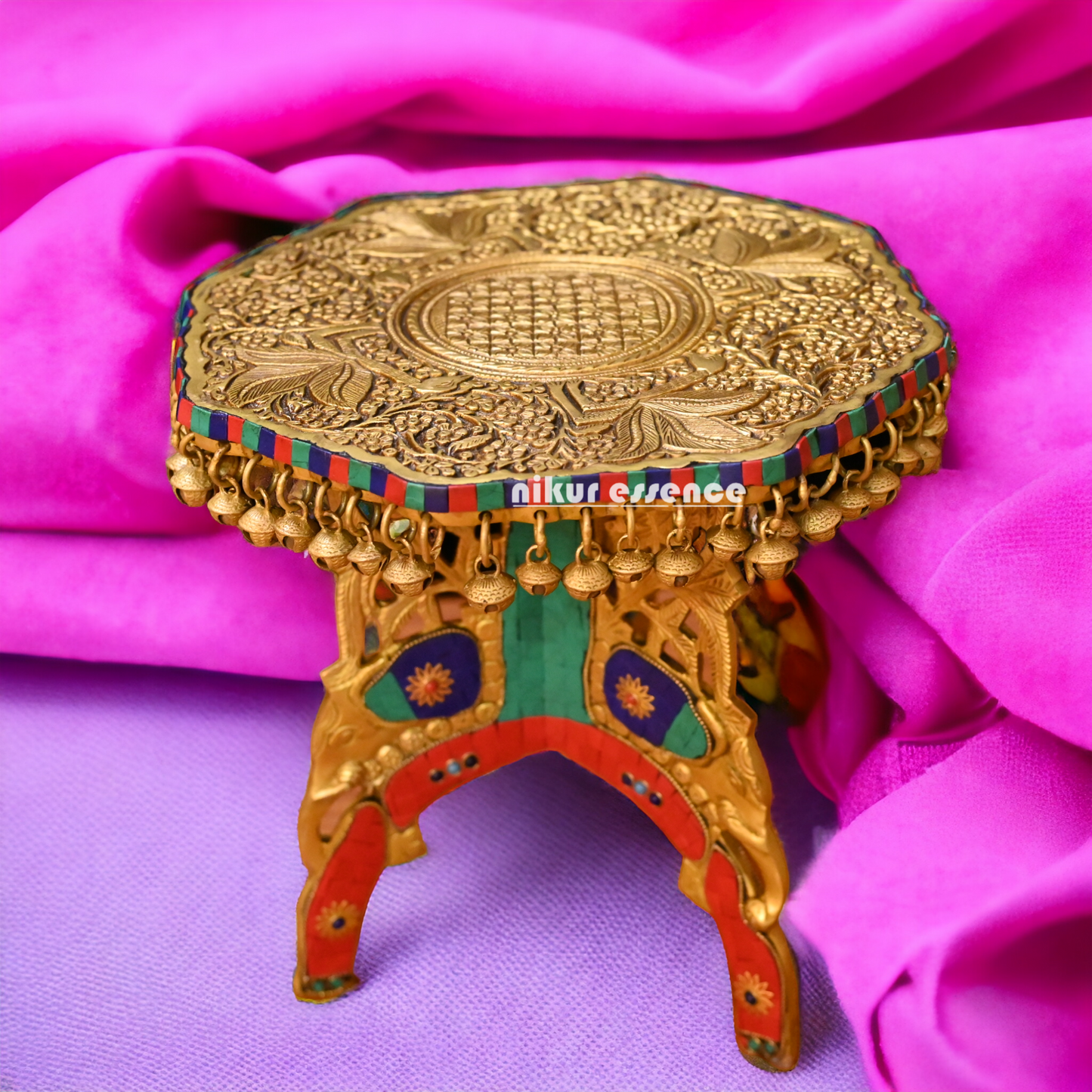 Large Brass Chowki with Bells Ghungroo Stone Work - 29.2 cm Nikuressence