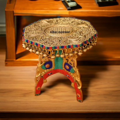 Large Brass Chowki with Bells Ghungroo Stone Work - 29.2 cm Nikuressence