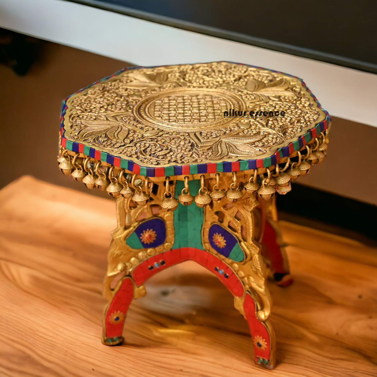 Large Brass Chowki with Bells Ghungroo Stone Work - 29.2 cm Nikuressence