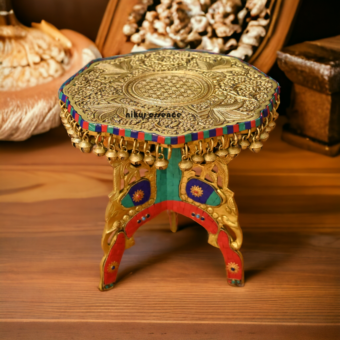 Large Brass Chowki with Bells Ghungroo Stone Work - 29.2 cm Nikuressence