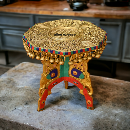 Large Brass Chowki with Bells Ghungroo Stone Work - 29.2 cm Nikuressence