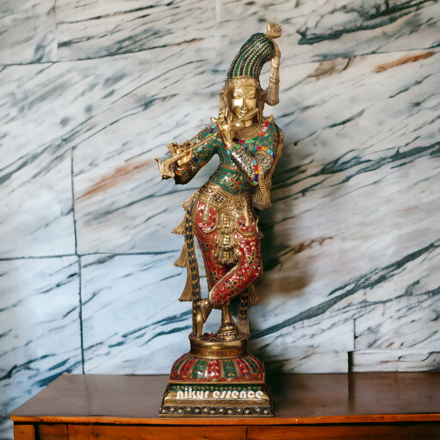 Lord Brass Krishna Playing Flute with Stone Work Idol - 91.5 cm Nikuressence