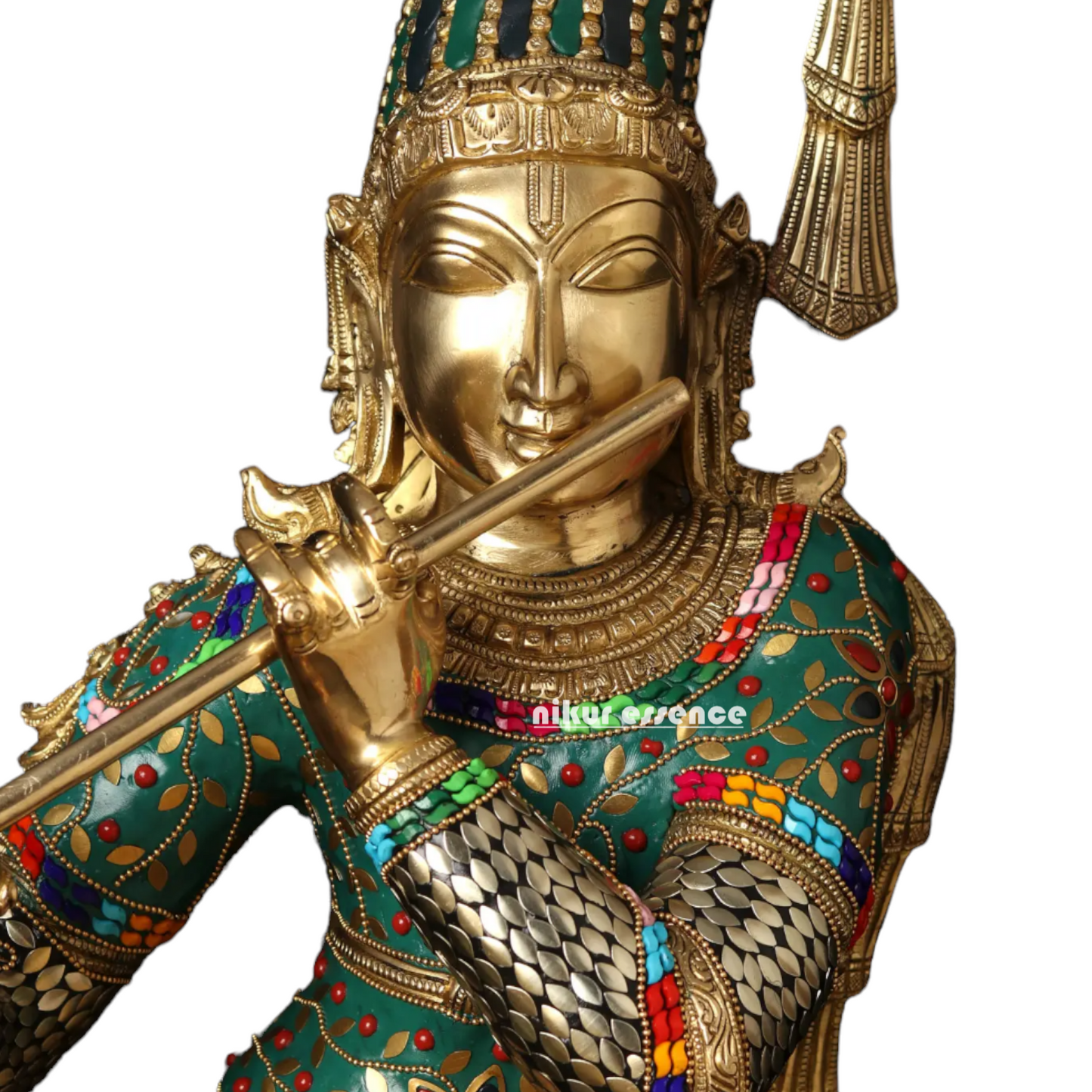 Lord Brass Krishna Playing Flute with Stone Work Idol - 91.5 cm Nikuressence