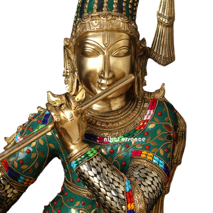 Lord Brass Krishna Playing Flute with Stone Work Idol - 91.5 cm Nikuressence