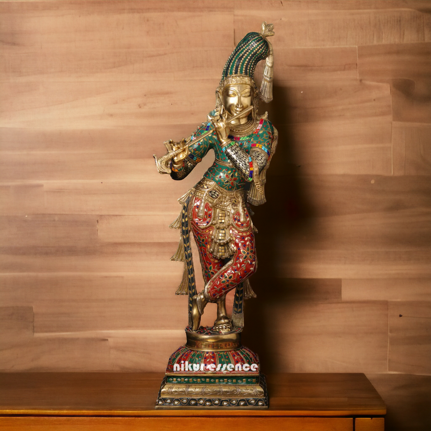 Lord Brass Krishna Playing Flute with Stone Work Idol - 91.5 cm Nikuressence