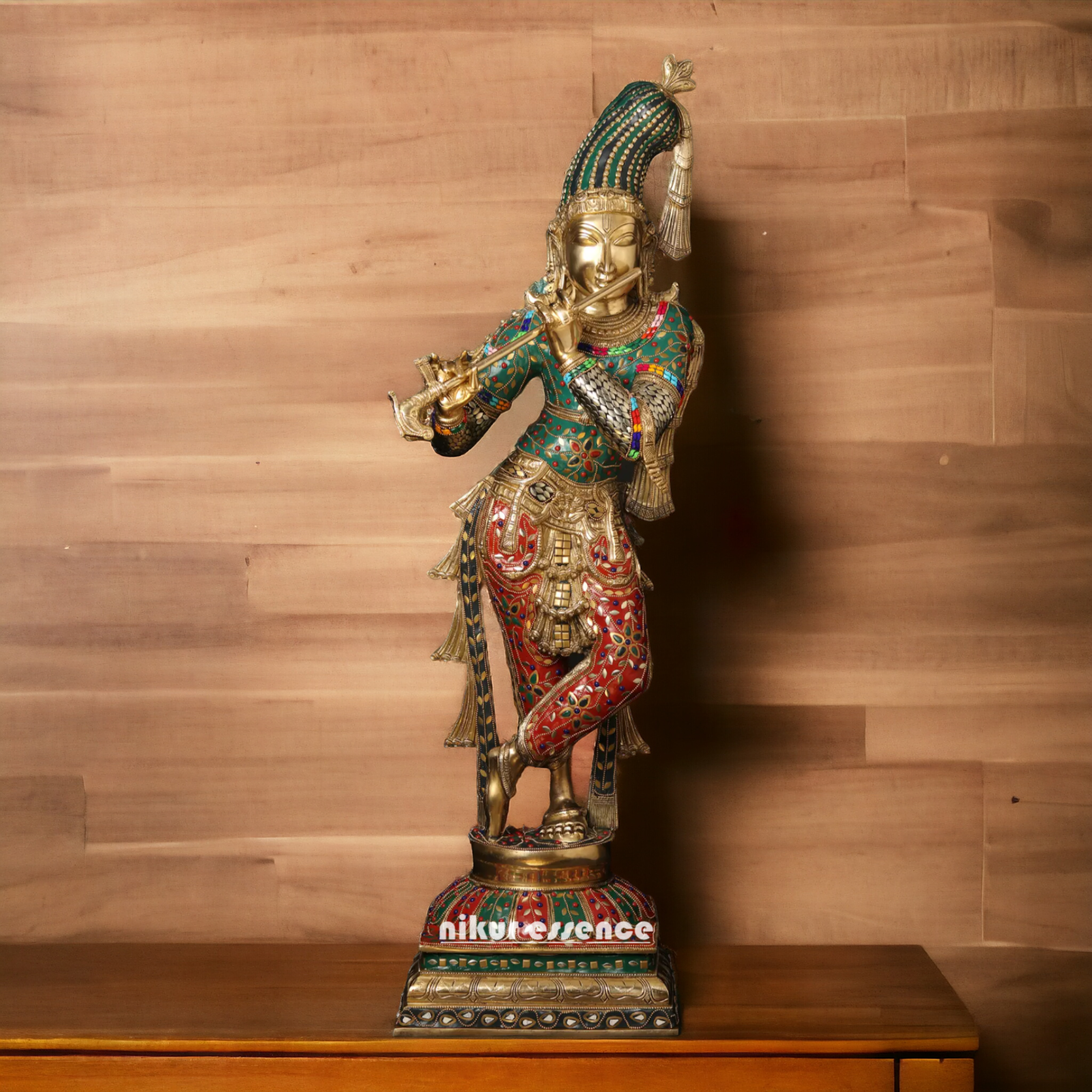 Lord Brass Krishna Playing Flute with Stone Work Idol - 91.5 cm Nikuressence