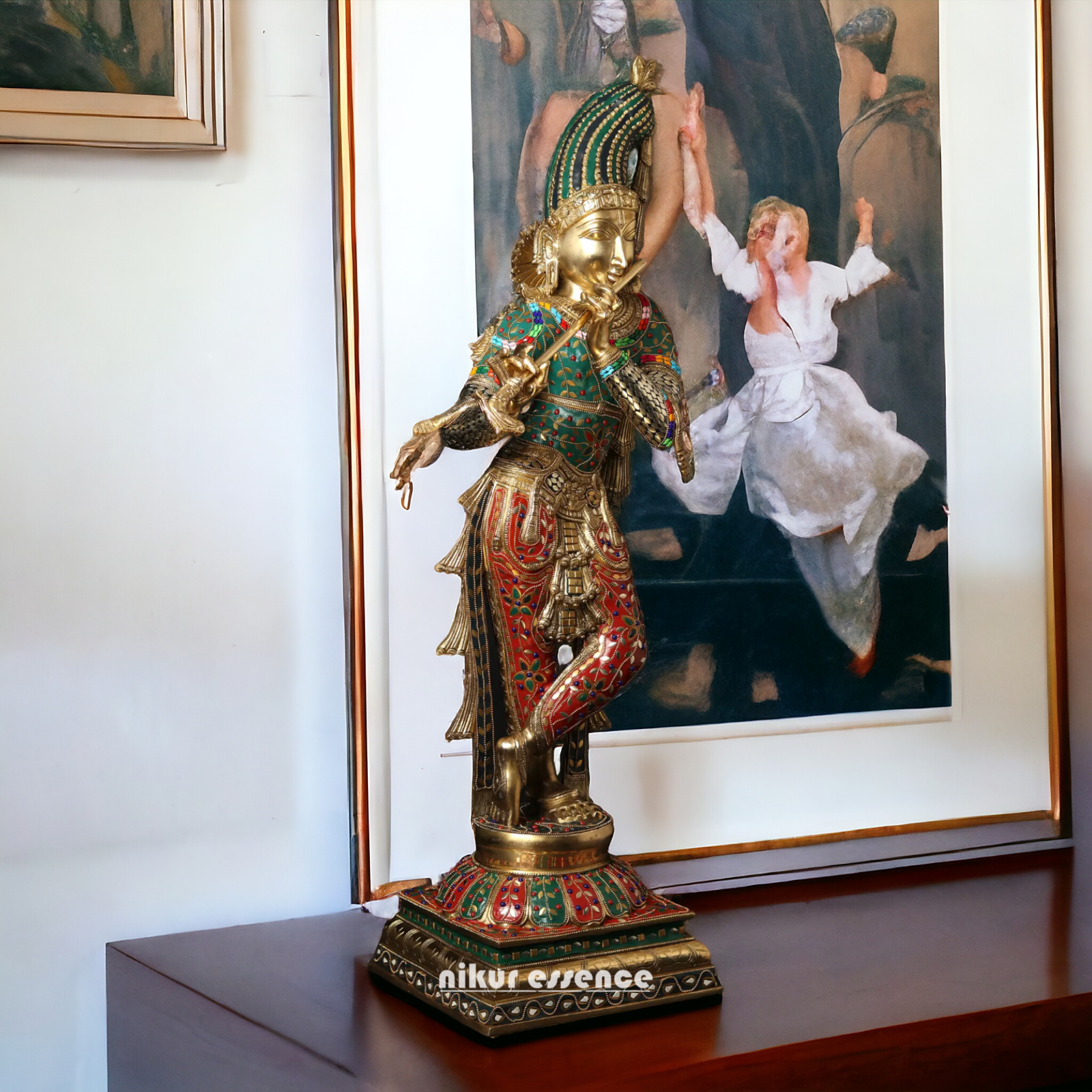 Lord Brass Krishna Playing Flute with Stone Work Idol - 91.5 cm Nikuressence