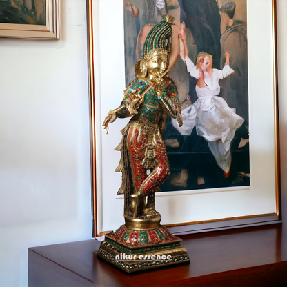 Lord Brass Krishna Playing Flute with Stone Work Idol - 91.5 cm Nikuressence