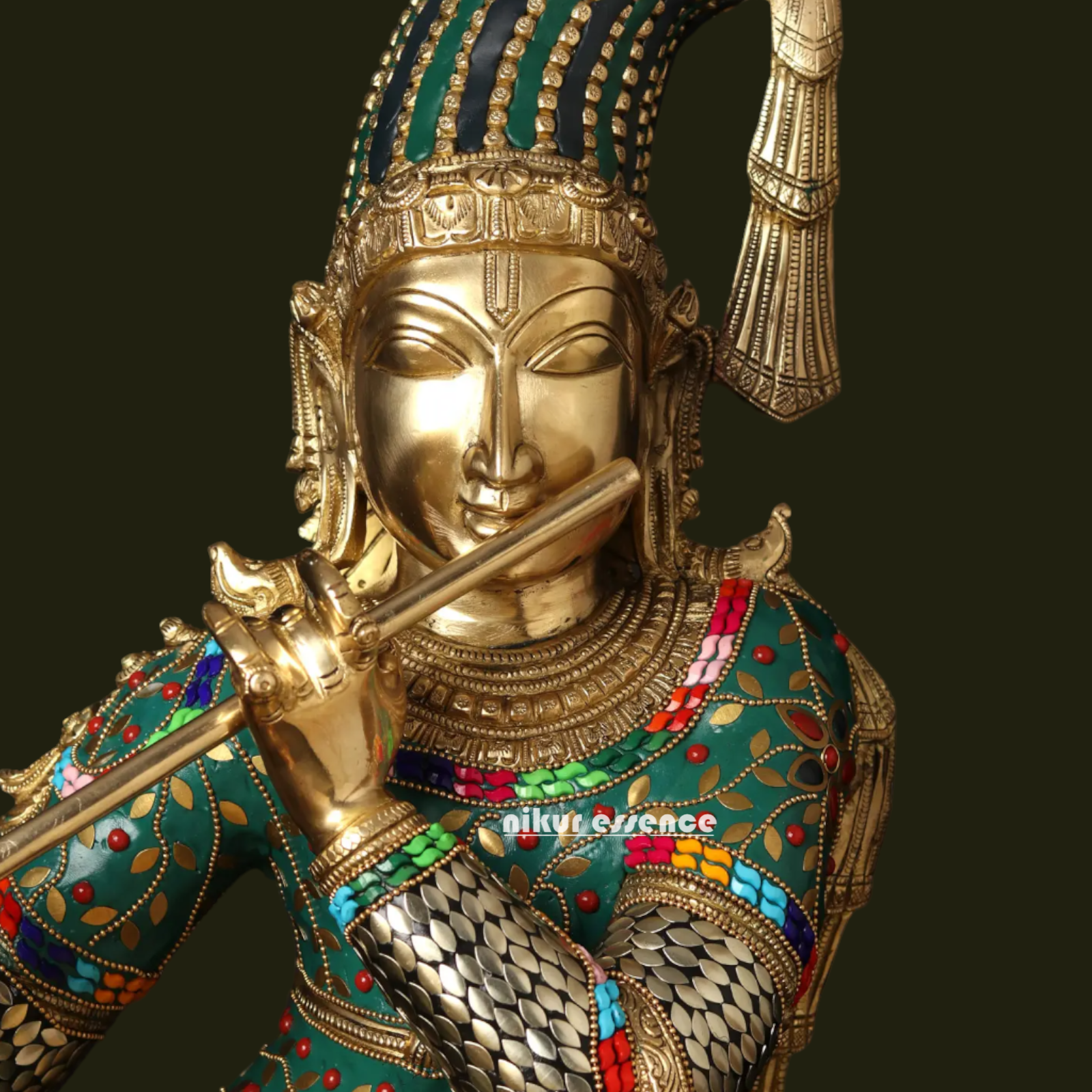 Lord Brass Krishna Playing Flute with Stone Work Idol - 91.5 cm Nikuressence