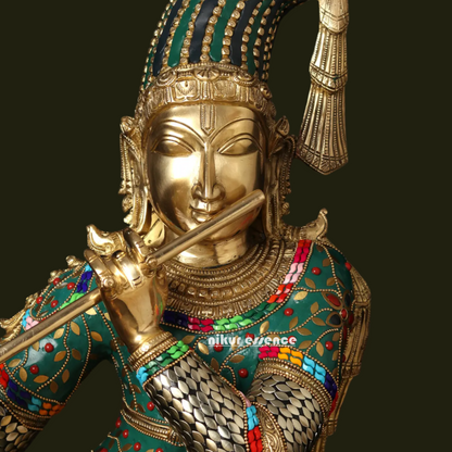 Lord Brass Krishna Playing Flute with Stone Work Idol - 91.5 cm Nikuressence