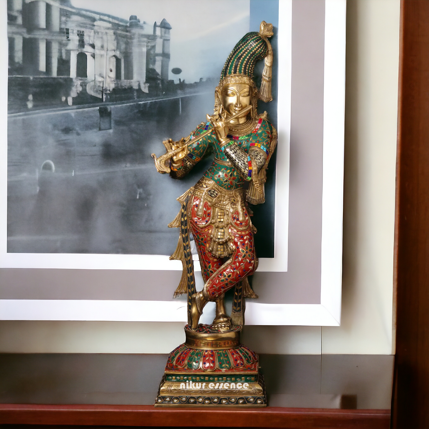 Lord Brass Krishna Playing Flute with Stone Work Idol - 91.5 cm Nikuressence