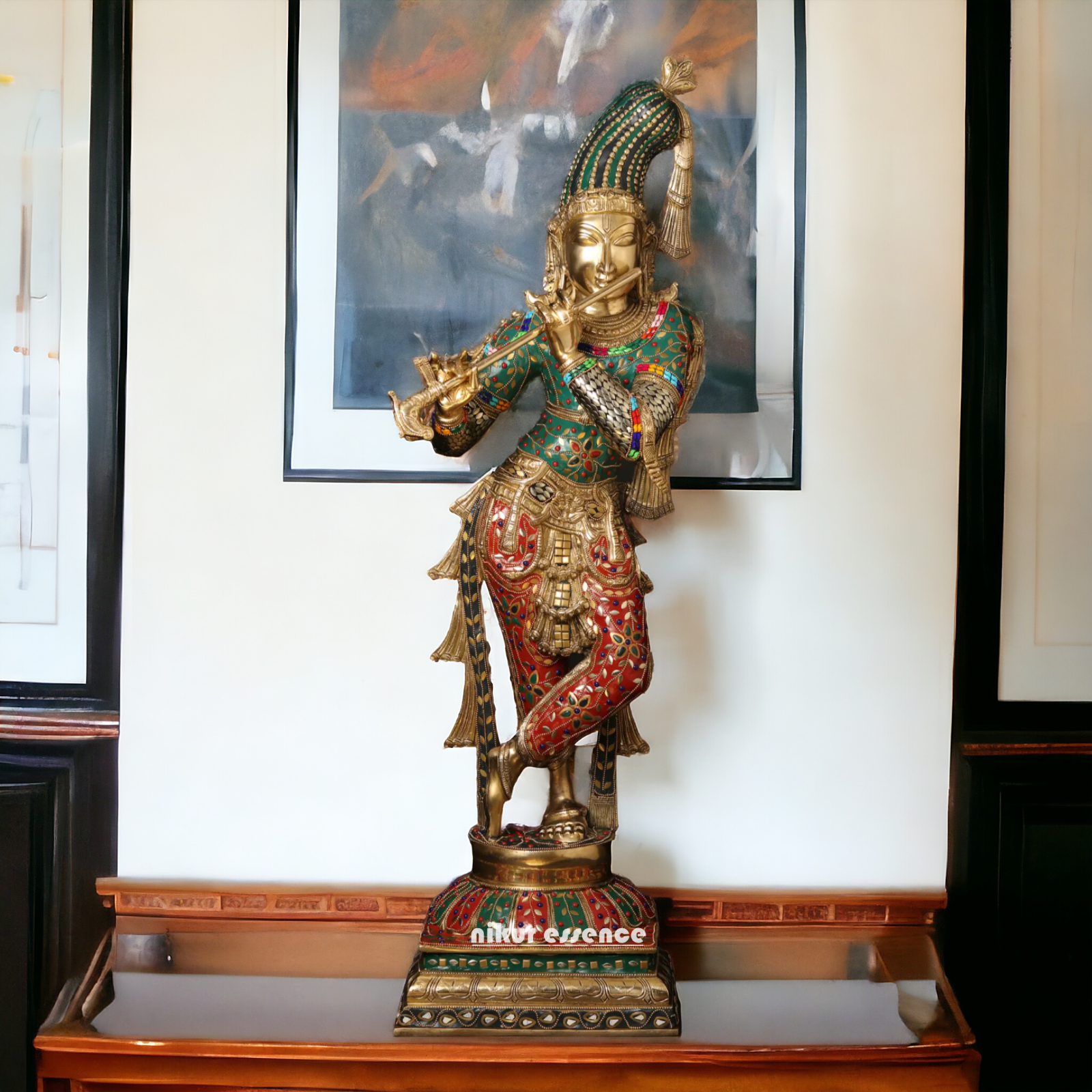 Lord Brass Krishna Playing Flute with Stone Work Idol - 91.5 cm Nikuressence