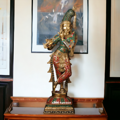 Lord Brass Krishna Playing Flute with Stone Work Idol - 91.5 cm Nikuressence