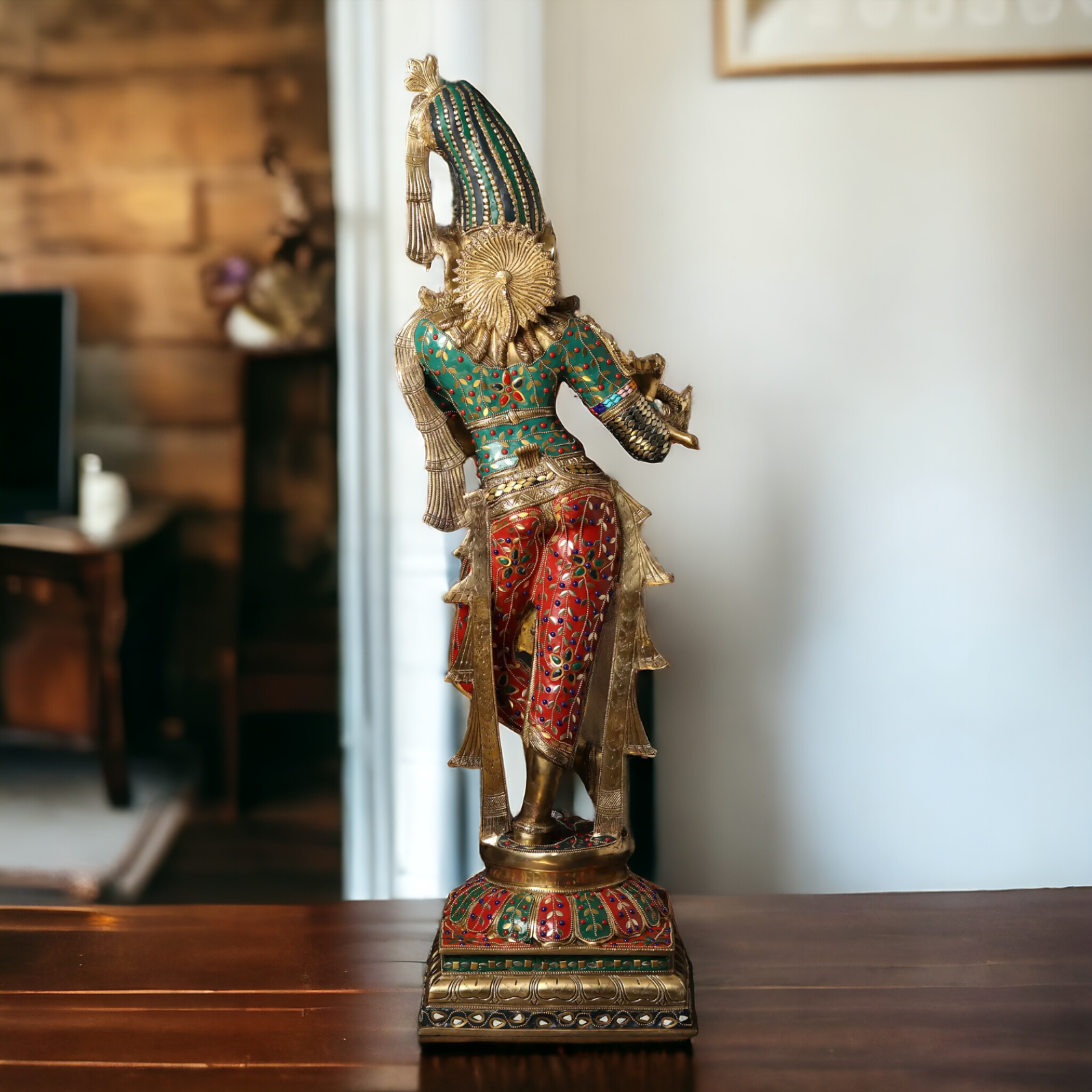 Lord Brass Krishna Playing Flute with Stone Work Idol - 91.5 cm Nikuressence