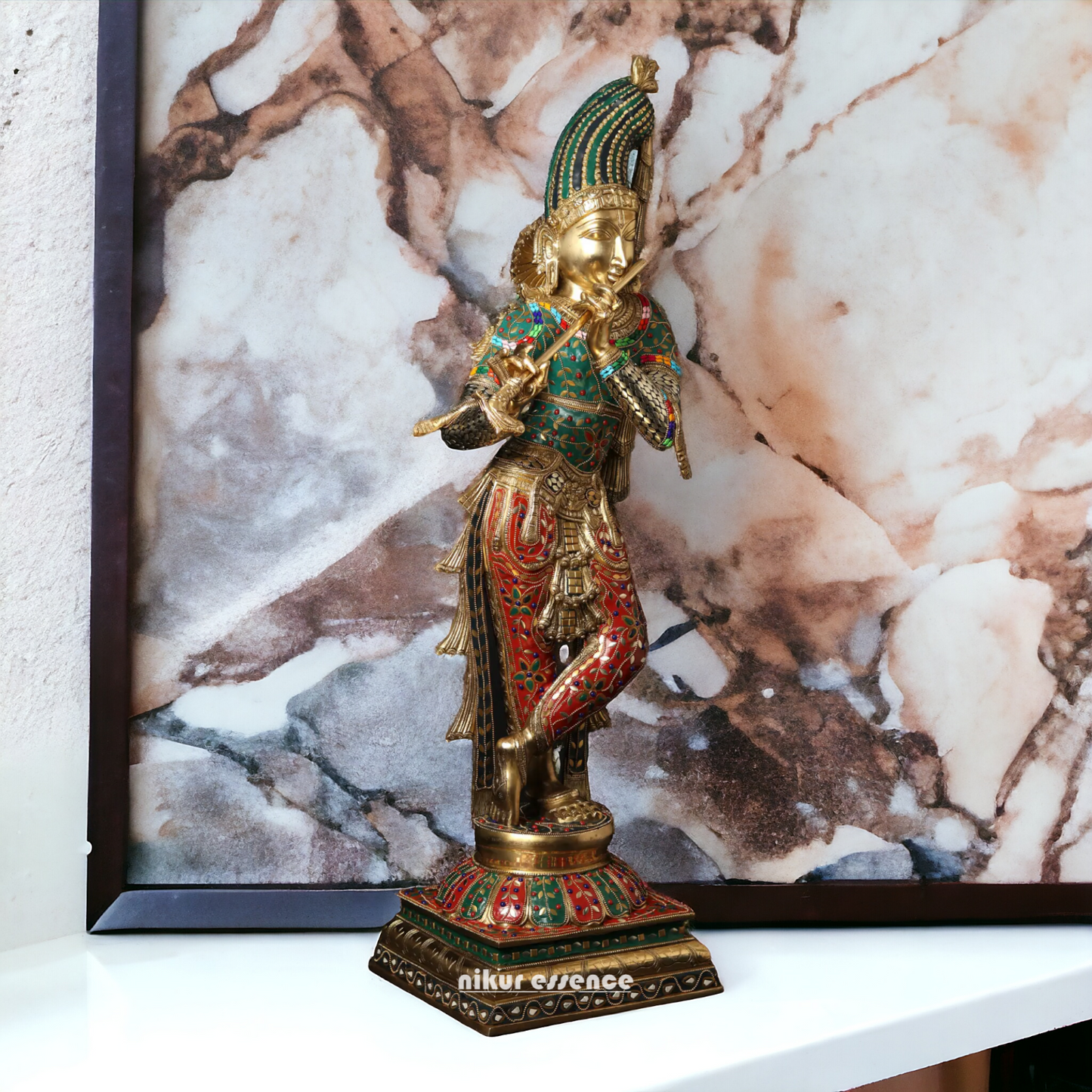 Lord Brass Krishna Playing Flute with Stone Work Idol - 91.5 cm Nikuressence