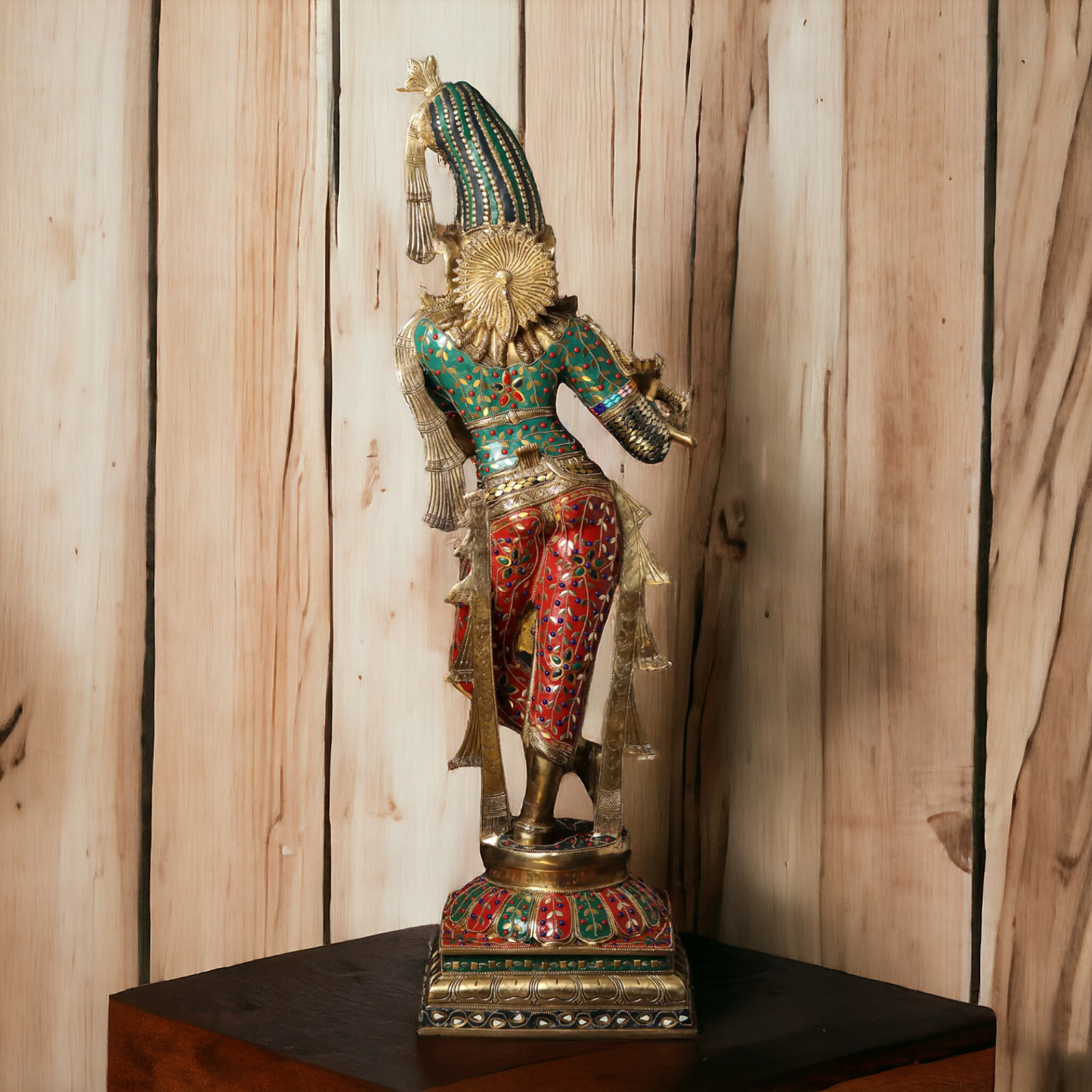 Lord Brass Krishna Playing Flute with Stone Work Idol - 91.5 cm Nikuressence
