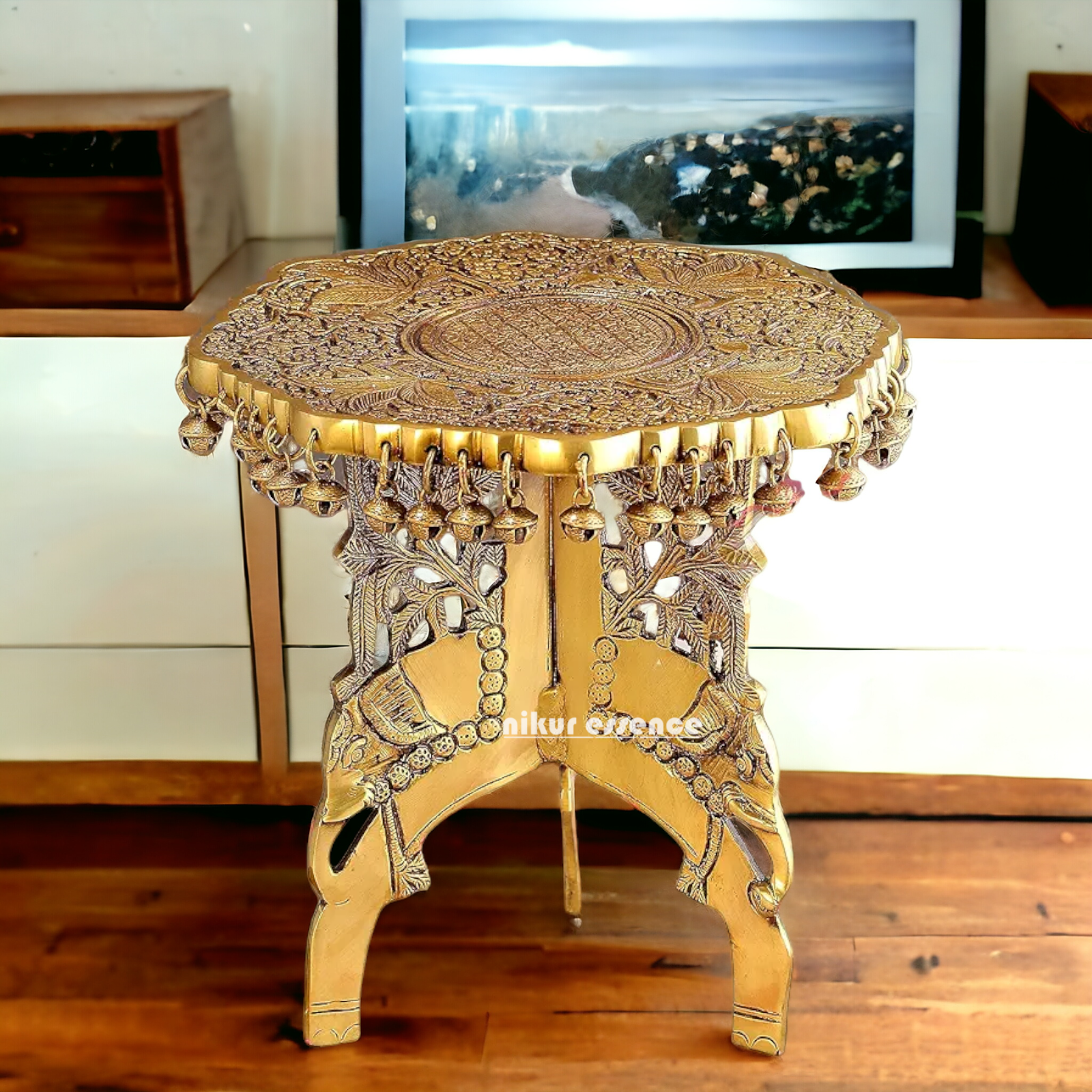 Solid Brass chowki Table with Bells - 29.2 cm Nikuressence