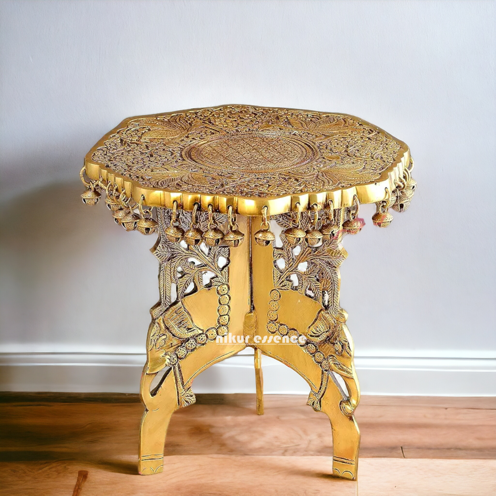 Solid Brass chowki Table with Bells - 29.2 cm Nikuressence