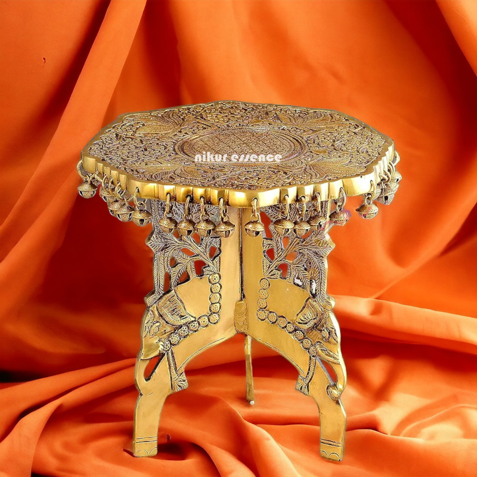 Solid Brass chowki Table with Bells - 29.2 cm Nikuressence