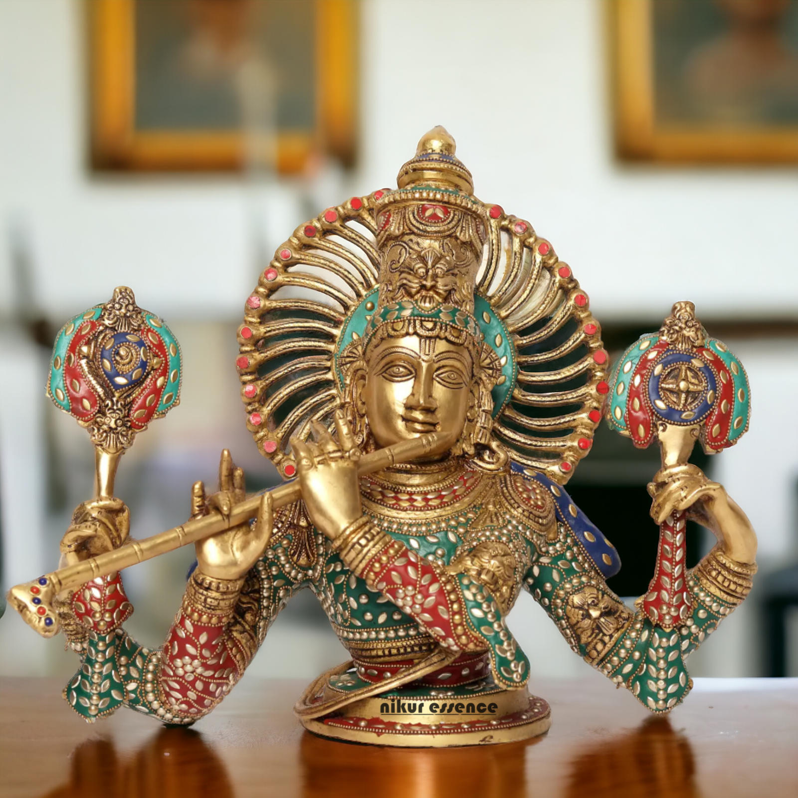 Large Brass Chaturbhuja Venugopal Krishna Idol with Stone Work - 38.5 cm Nikuressence