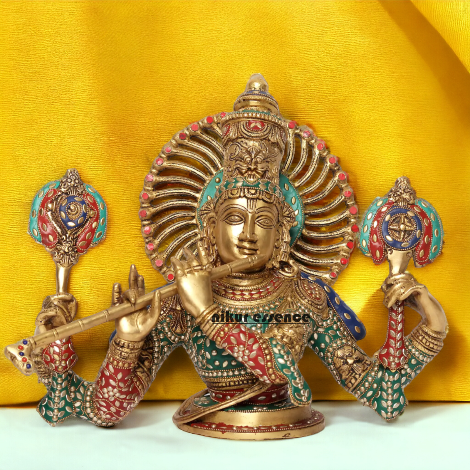 Large Brass Chaturbhuja Venugopal Krishna Idol with Stone Work - 38.5 cm Nikuressence