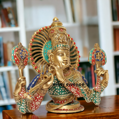 Large Brass Chaturbhuja Venugopal Krishna Idol with Stone Work - 38.5 cm Nikuressence
