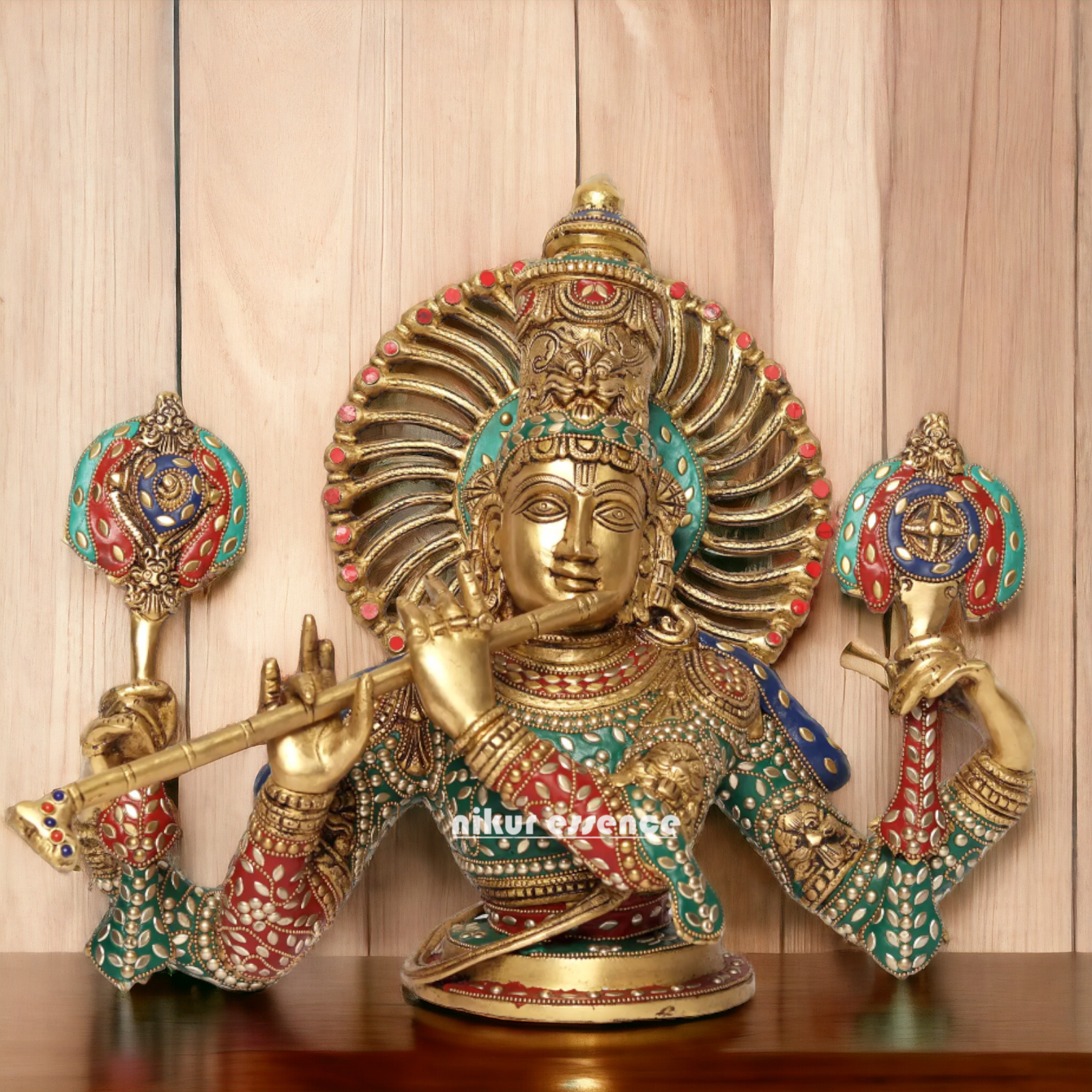 Large Brass Chaturbhuja Venugopal Krishna Idol with Stone Work - 38.5 cm Nikuressence