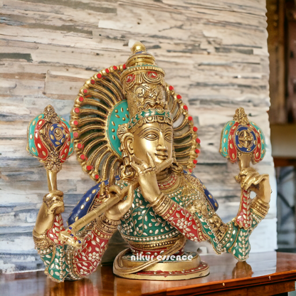 Large Brass Chaturbhuja Venugopal Krishna Idol with Stone Work - 38.5 cm Nikuressence