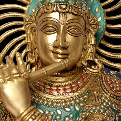 Large Brass Chaturbhuja Venugopal Krishna Idol with Stone Work - 38.5 cm Nikuressence