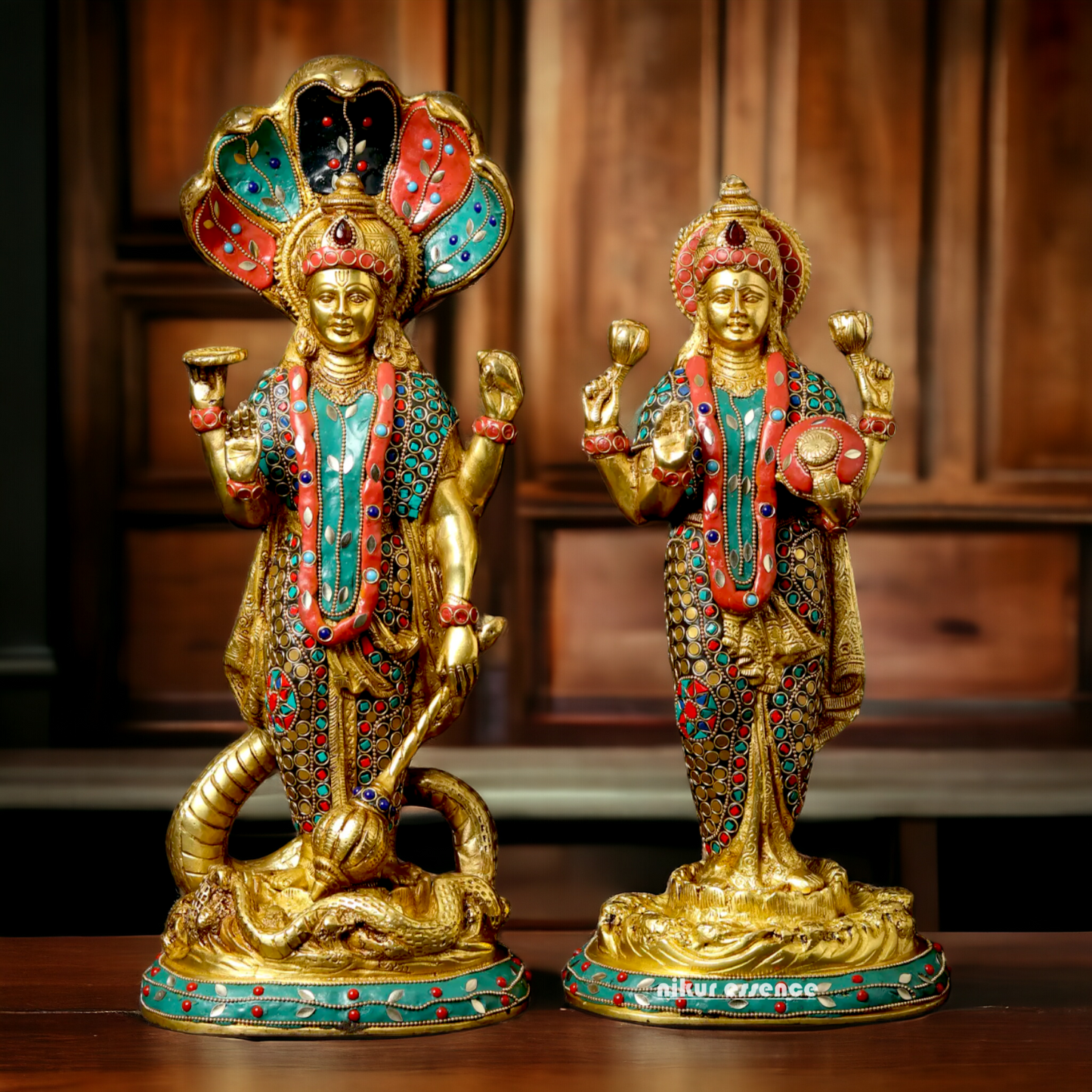Lord Vishnu and Lakshmi Standing Brass Idol with Stone Work - 44.5 cm Nikuressence