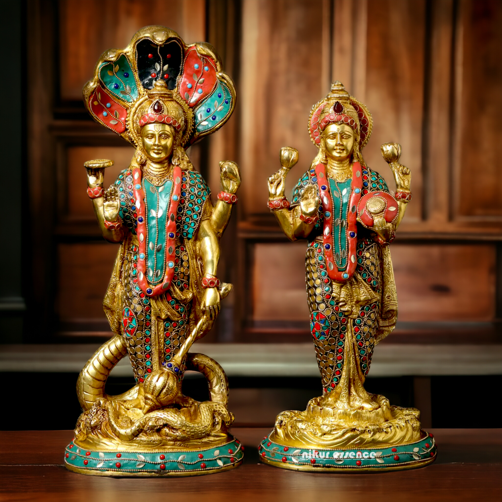 Lord Vishnu and Lakshmi Standing Brass Idol with Stone Work - 44.5 cm Nikuressence
