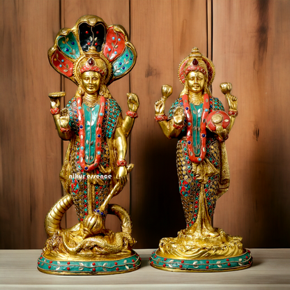 Lord Vishnu and Lakshmi Standing Brass Idol with Stone Work - 44.5 cm Nikuressence