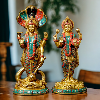 Lord Vishnu and Lakshmi Standing Brass Idol with Stone Work - 44.5 cm Nikuressence