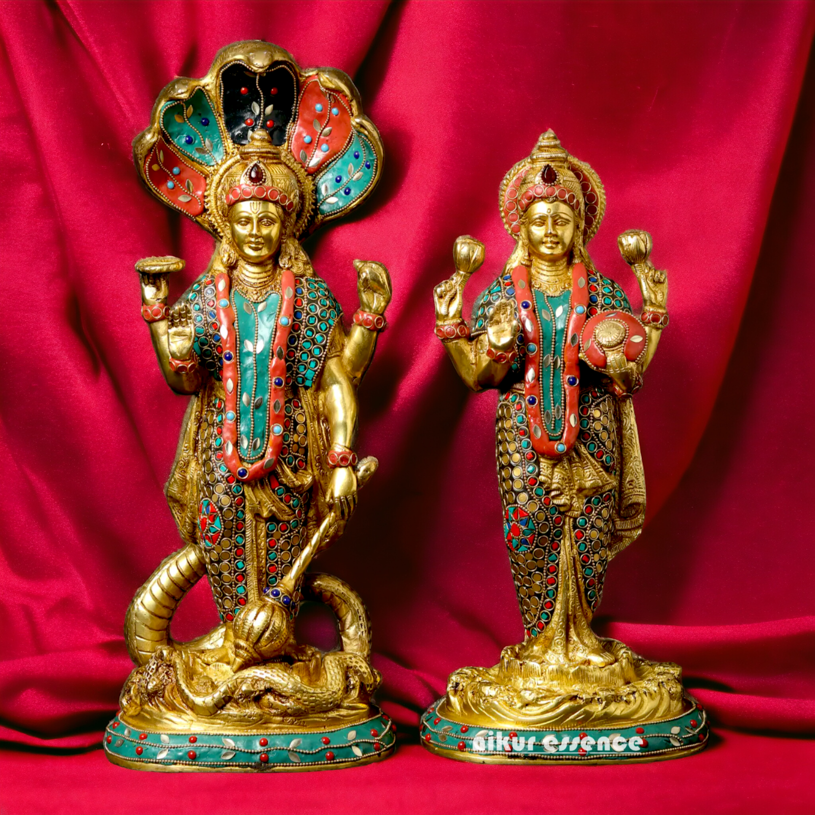 Lord Vishnu and Lakshmi Standing Brass Idol with Stone Work - 44.5 cm Nikuressence