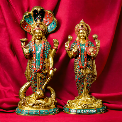 Lord Vishnu and Lakshmi Standing Brass Idol with Stone Work - 44.5 cm Nikuressence