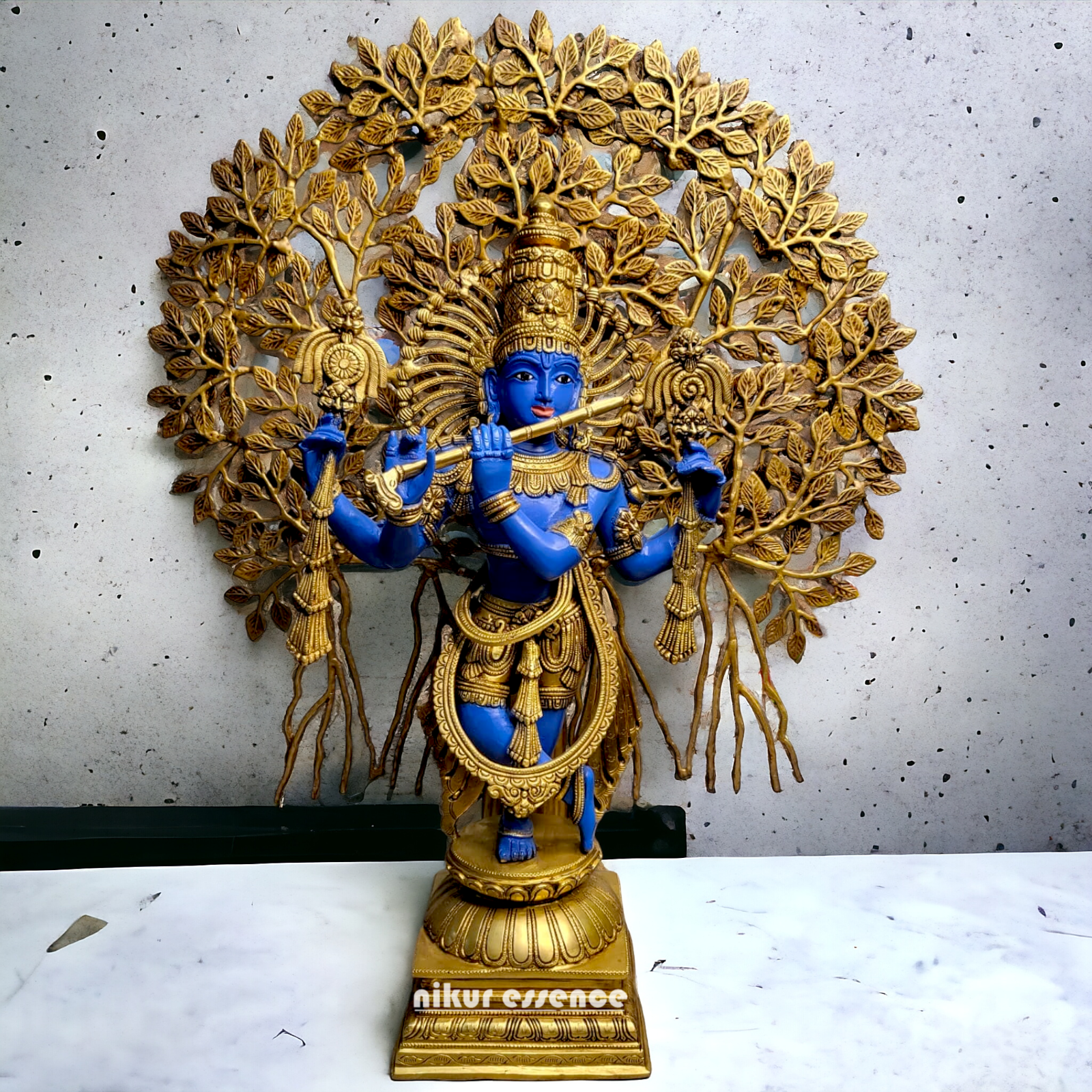 Brass Blue Krishna Standing with Playing Flute Idol - 96.5 cm Nikuressence