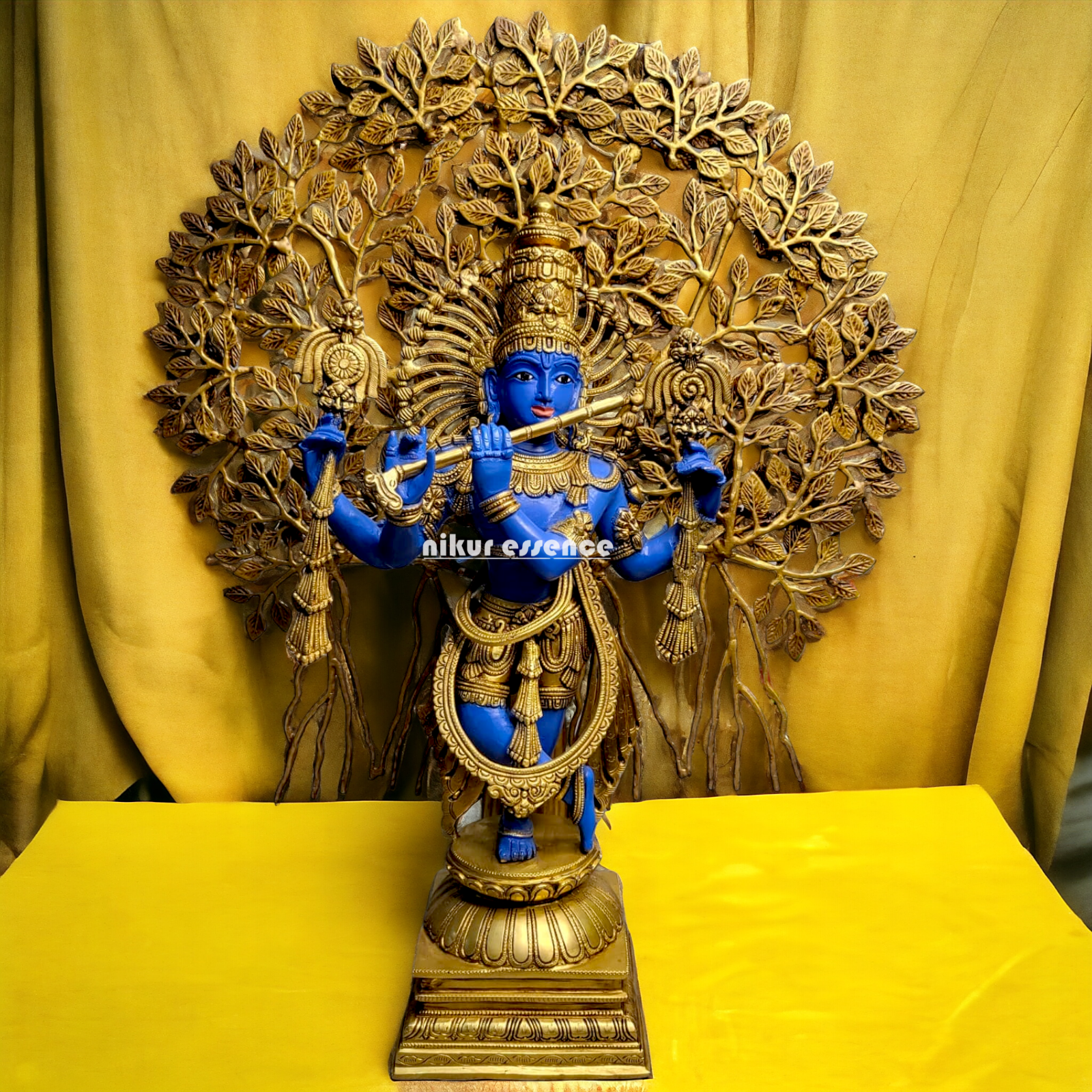 Brass Blue Krishna Standing with Playing Flute Idol - 96.5 cm Nikuressence
